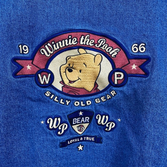 Disney Catalog Winnie the Pooh Vintage Denim Varsity Jacket Blue Tan size Small - Picture 11 of 16